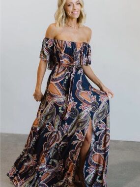 Baltic Born Navy Paisley Off-Shoulder Maxi Dress with Side Slit
